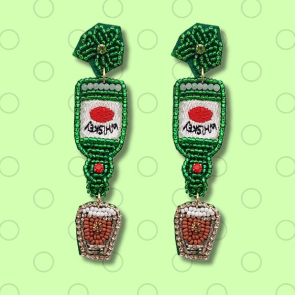 NEW St Patrick's Day Irish Whiskey Holiday Green Seed Beaded Earrings - Picture 3 of 4